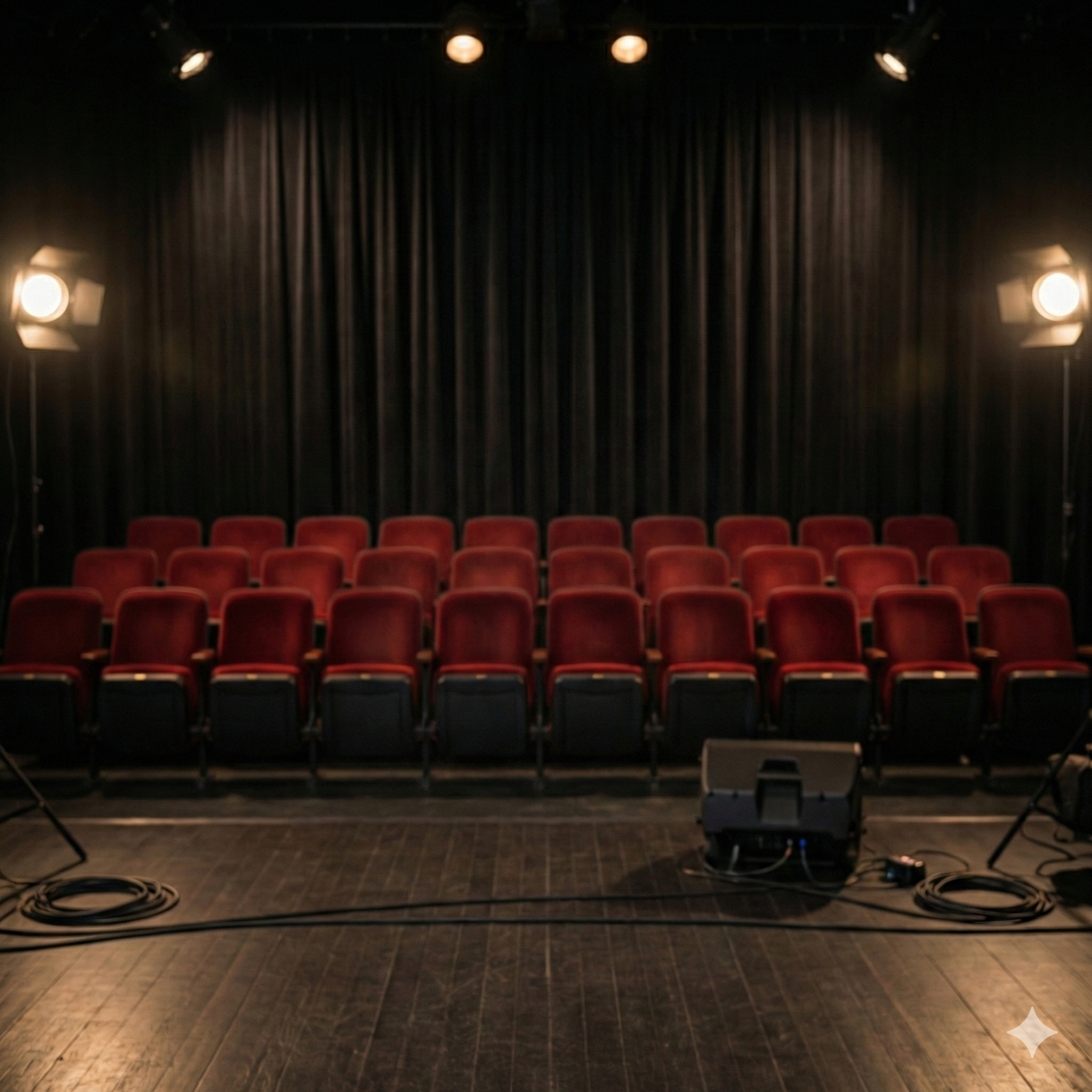 Cinematic view of an empty black box theater stage featuring a dark wooden floor, dramatic spotlights on stands, coiled audio cables, and rows of red velvet audience seats in the background with black curtains.